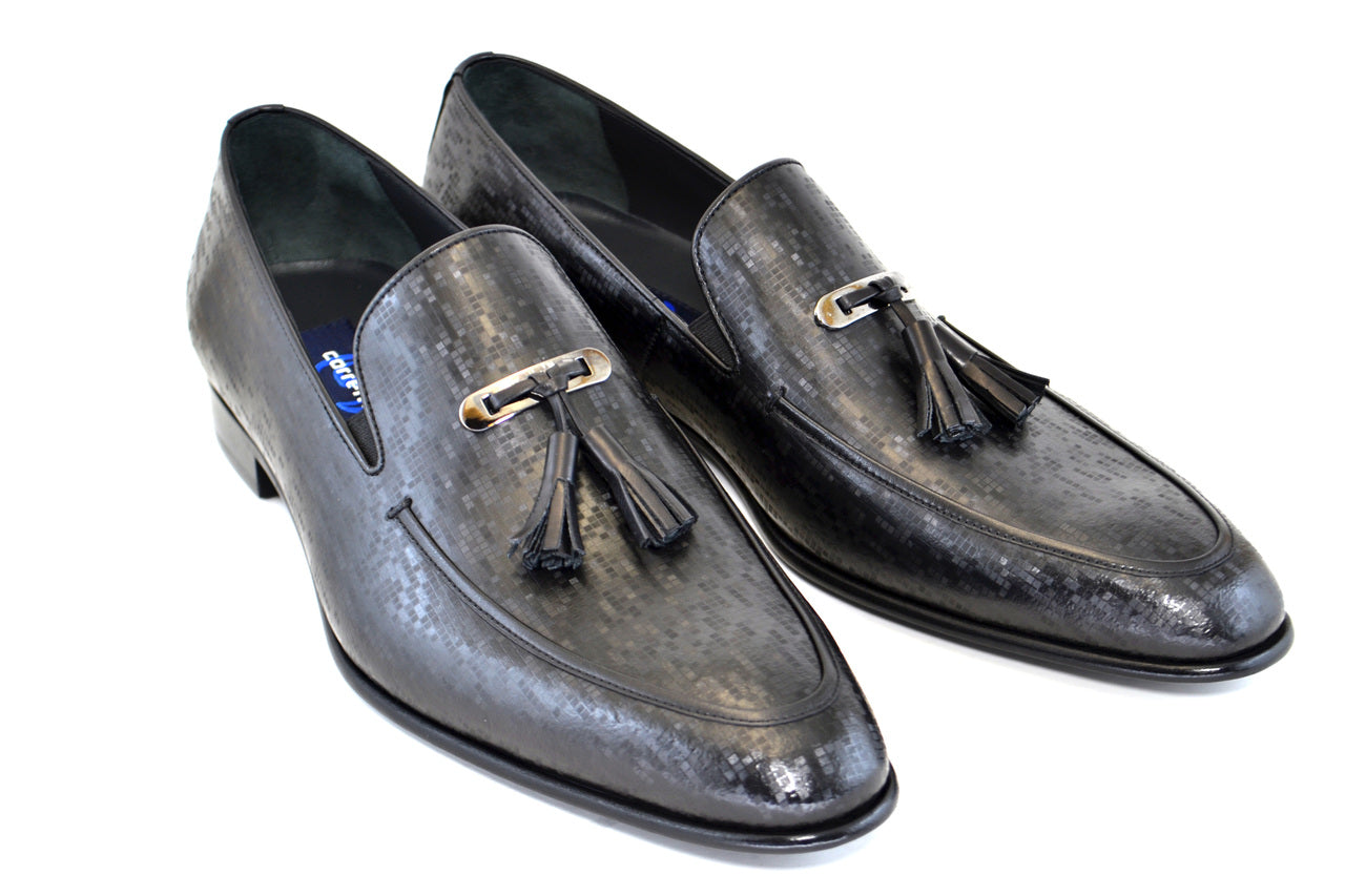 Corrente 3614 Matrix Print Formal Tassel Loafer - Black