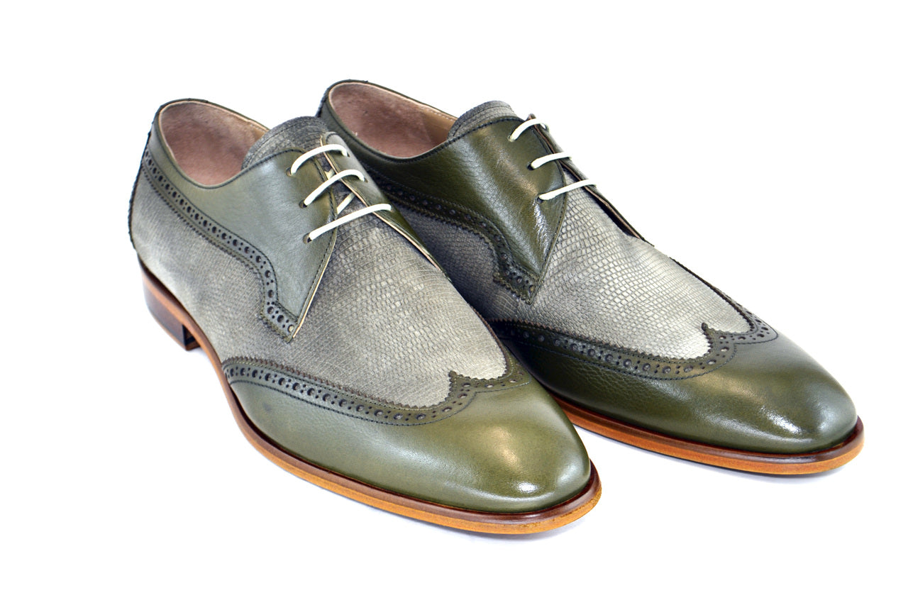 Corrente 3750 Laser Printed Suede Vamp Wingtip Lace Up - Olive