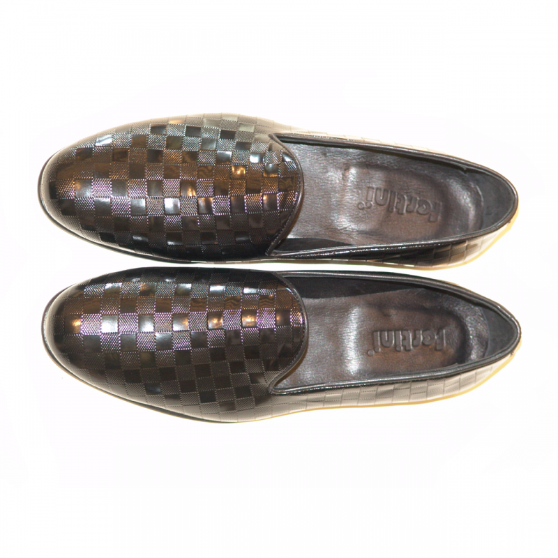 Fertini 80200 Low Vamp Checkered Leather Loafer - Black