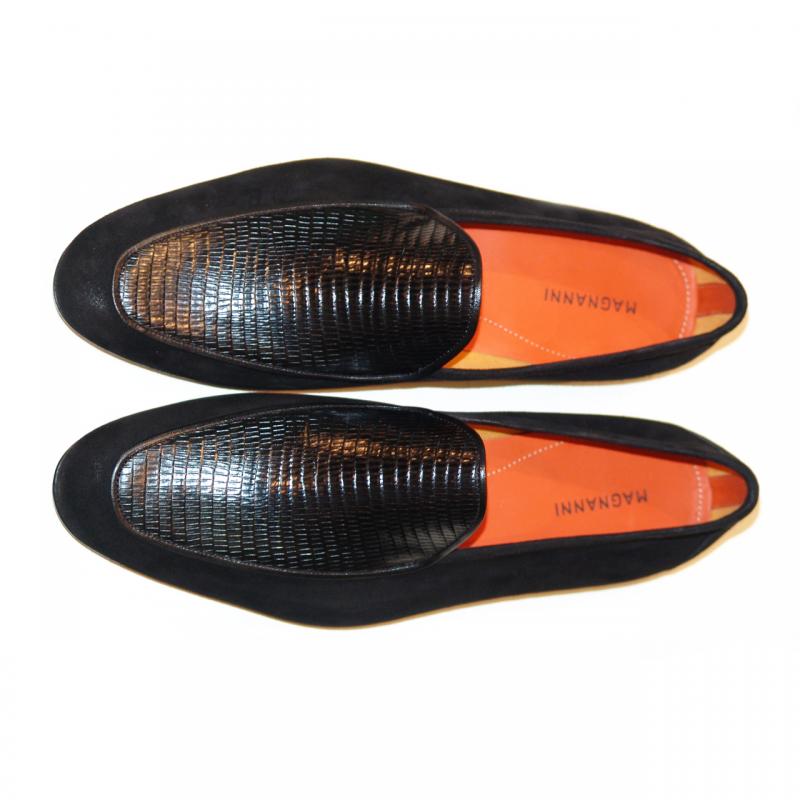 Magnanni Exclusive 16323 Lizard Print Vamp Suede Loafer - Black
