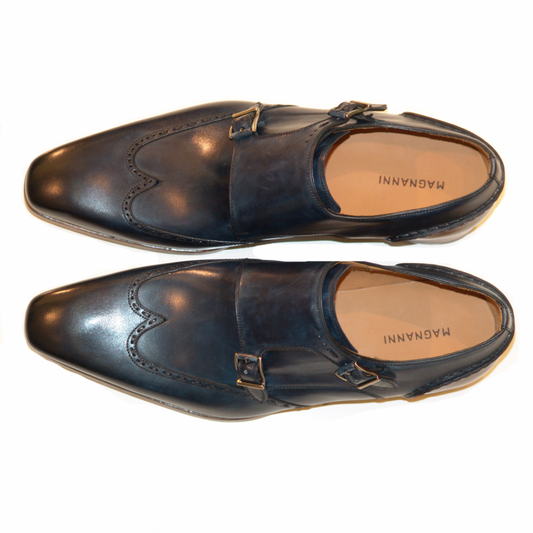 Magnanni Exclusive 17013 Patina Wingtip Double Monk Strap - Navy