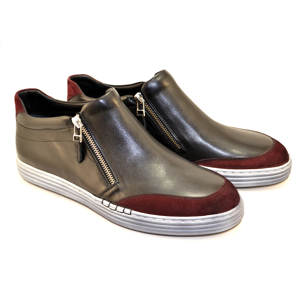 Corrente 3950 Two Tone High Top Zipper Sneaker - Black/Burgundy