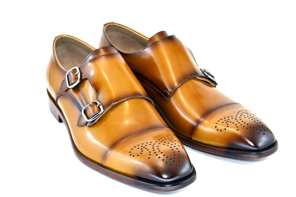 Corrente 4792 Medallion Cap Toe Double Monk Strap - Camel