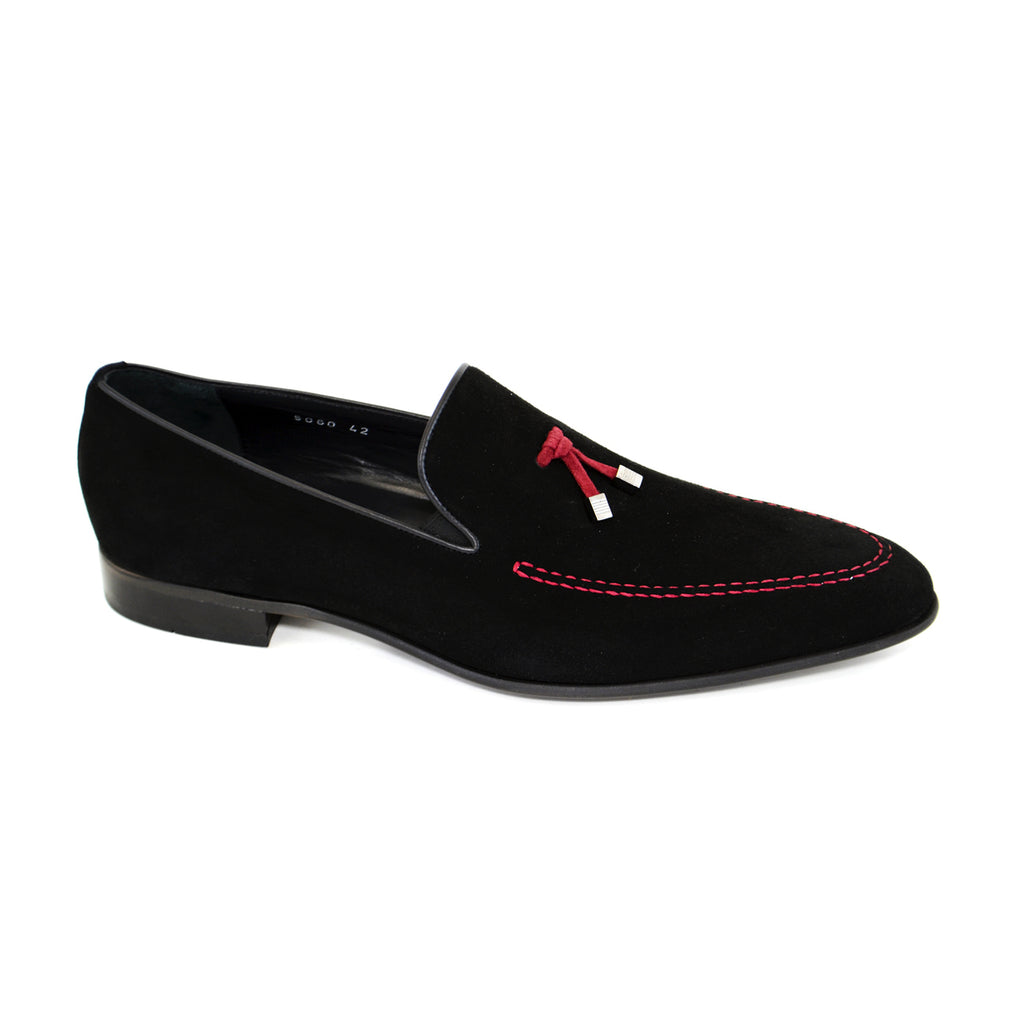 Corrente 5060 Contrast Stitching Suede Tassel Loafer - Black/Red