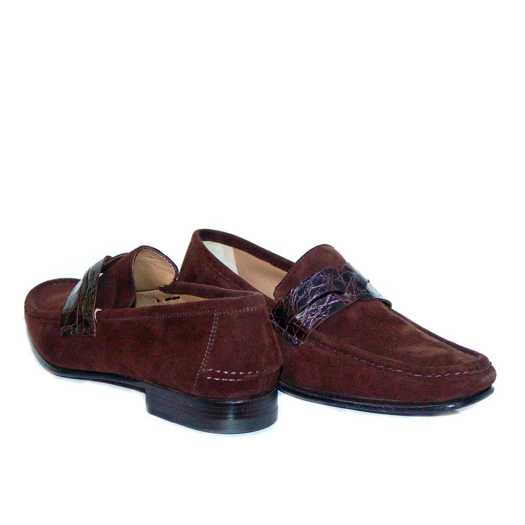 Lorenzo Banfi 671 Genuine Crocodile Strap Suede Penny Loafer - Brown