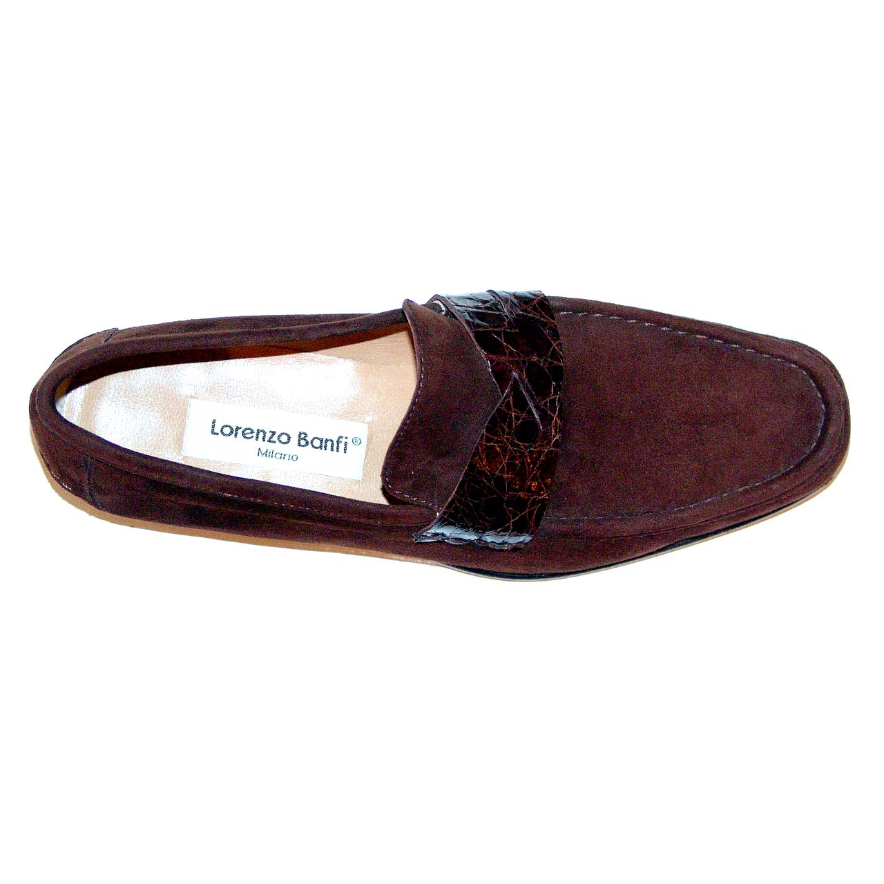 Lorenzo Banfi 671 Genuine Crocodile Strap Suede Penny Loafer - Brown