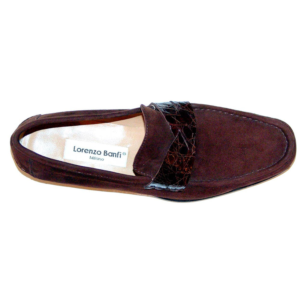 Lorenzo Banfi 671 Genuine Crocodile Strap Suede Penny Loafer - Brown