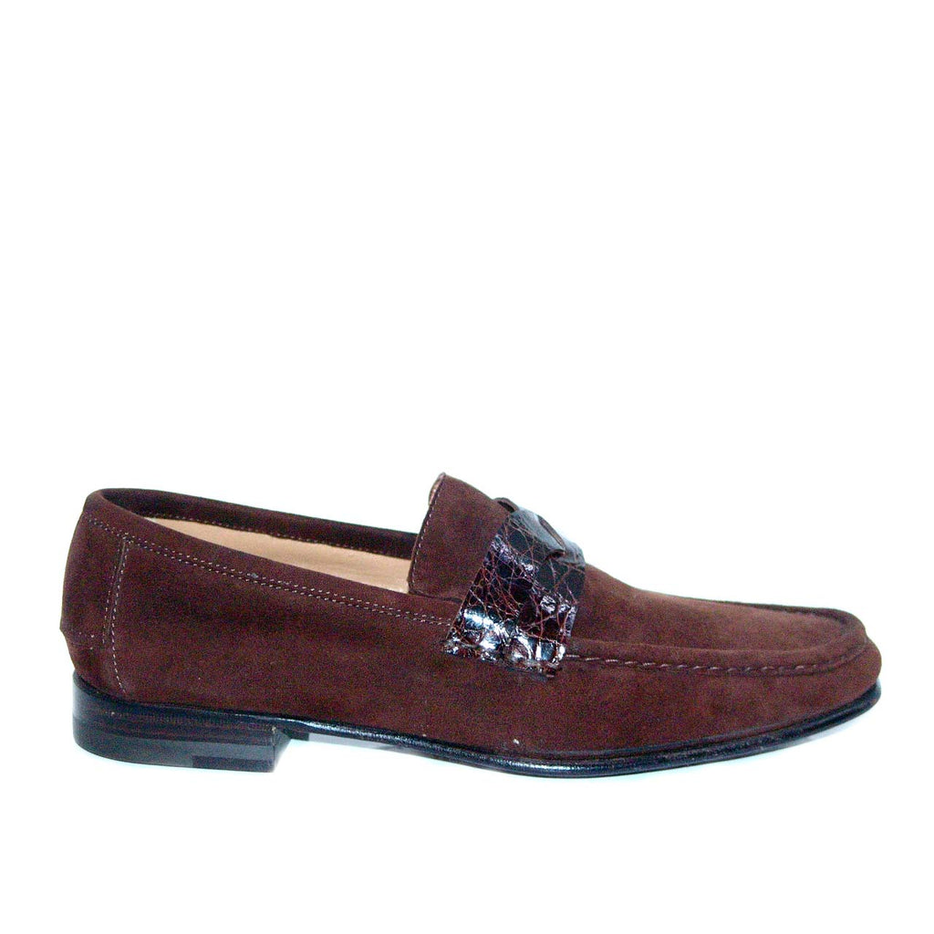 Lorenzo Banfi 671 Genuine Crocodile Strap Suede Penny Loafer - Brown