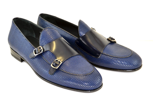 Corrente 4661HS Textured Double Monk Strap Loafer - Navy