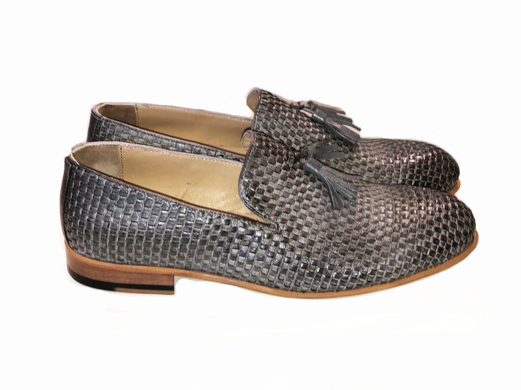 Pelle Line Exclusive Grown - Woven Leather Tassel Loafer - Grey