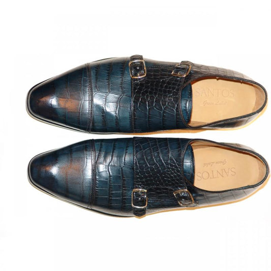 Carlos Santos Green Label 6942 Croco Double Monk Strap Cap Toe - Navy