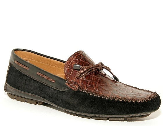 Moreschi Alex Genuine Crocodile & Suede Driving Shoes - Black/Brown